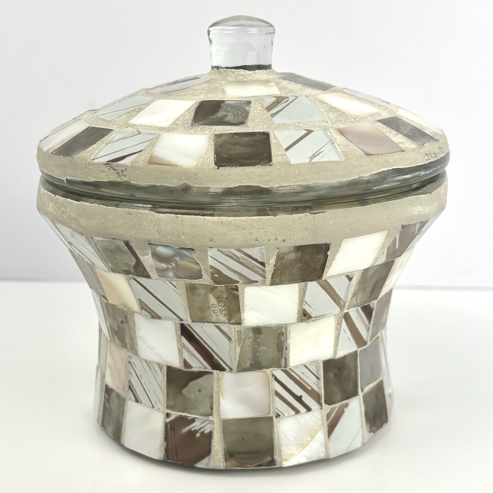 Decorative Mosaic Glass Lidded Jar Canister Mirrored Shell Art Glass Trinket Box